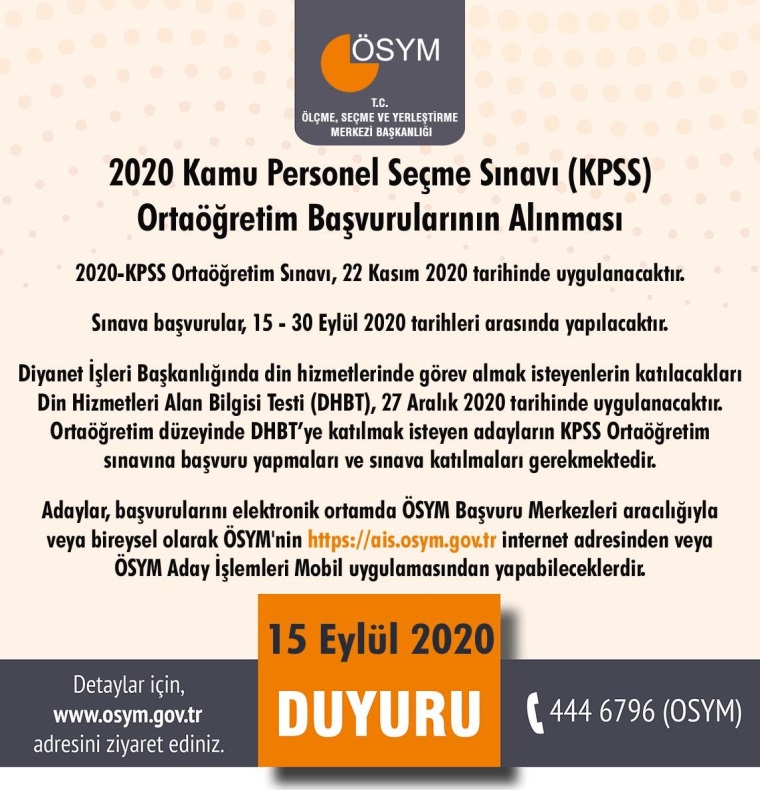  2020 KPSS Ortaöğretim Başvurularının Alınması