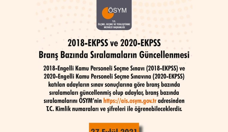 2018-EKPSS ve 2020-EKPSS Branş Bazında Sıralamaların Güncellenmesi