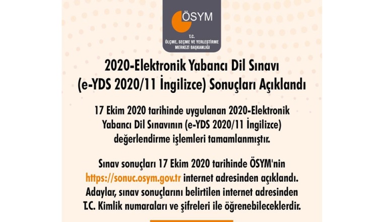  2020-Elektronik Yabancı Dil Sınavı (e-YDS 2020/11 İngilizce)  Sonuçları Açıklandı