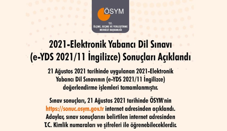 2021-Elektronik Yabancı Dil Sınavı (e-YDS 2021/11 İngilizce) Sonuçları Açıklandı